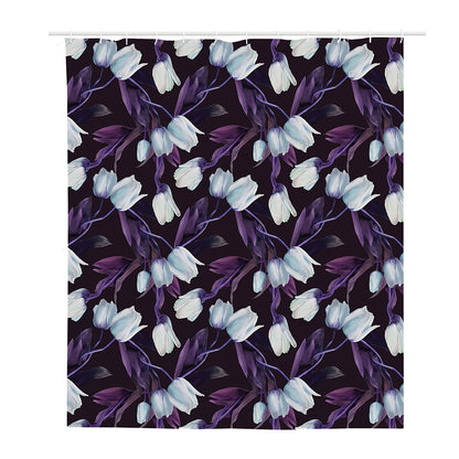 White And Purple Tulip Pattern Print Polyester Shower Curtain