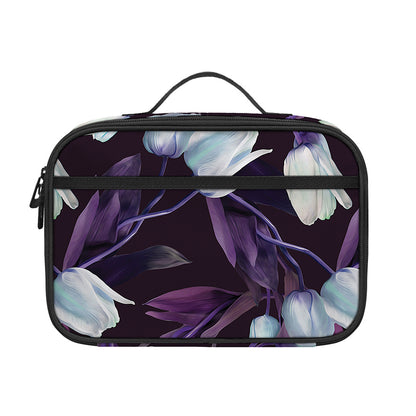 White And Purple Tulip Pattern Print Portable Lunch Bag