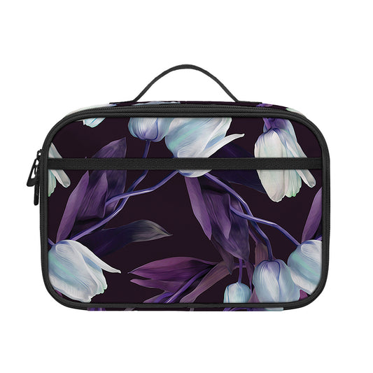 White And Purple Tulip Pattern Print Portable Lunch Bag