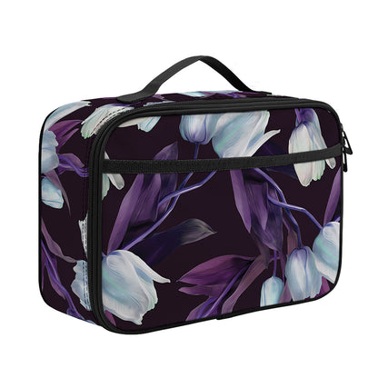 White And Purple Tulip Pattern Print Portable Lunch Bag