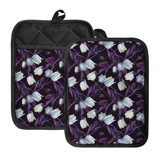 White And Purple Tulip Pattern Print Pot Holders With Pocket