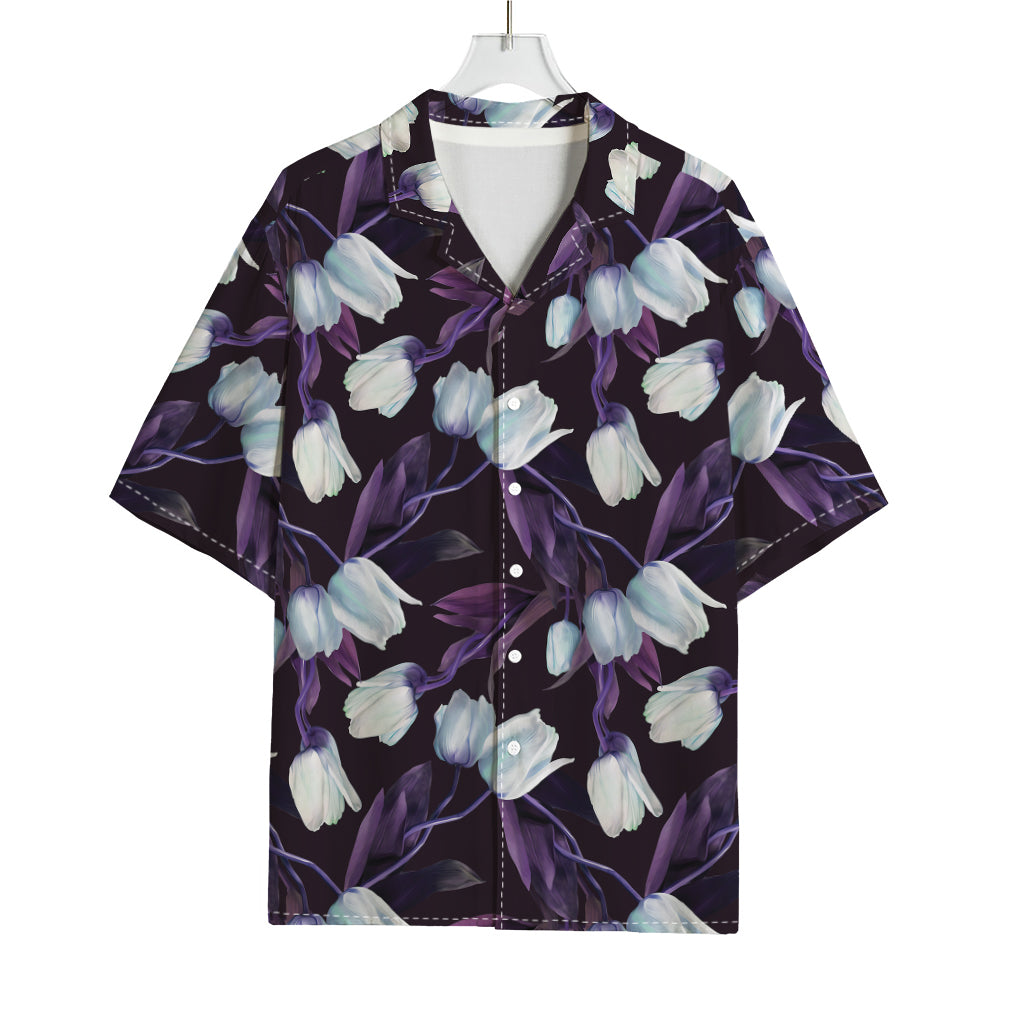 White And Purple Tulip Pattern Print Rayon Hawaiian Shirt