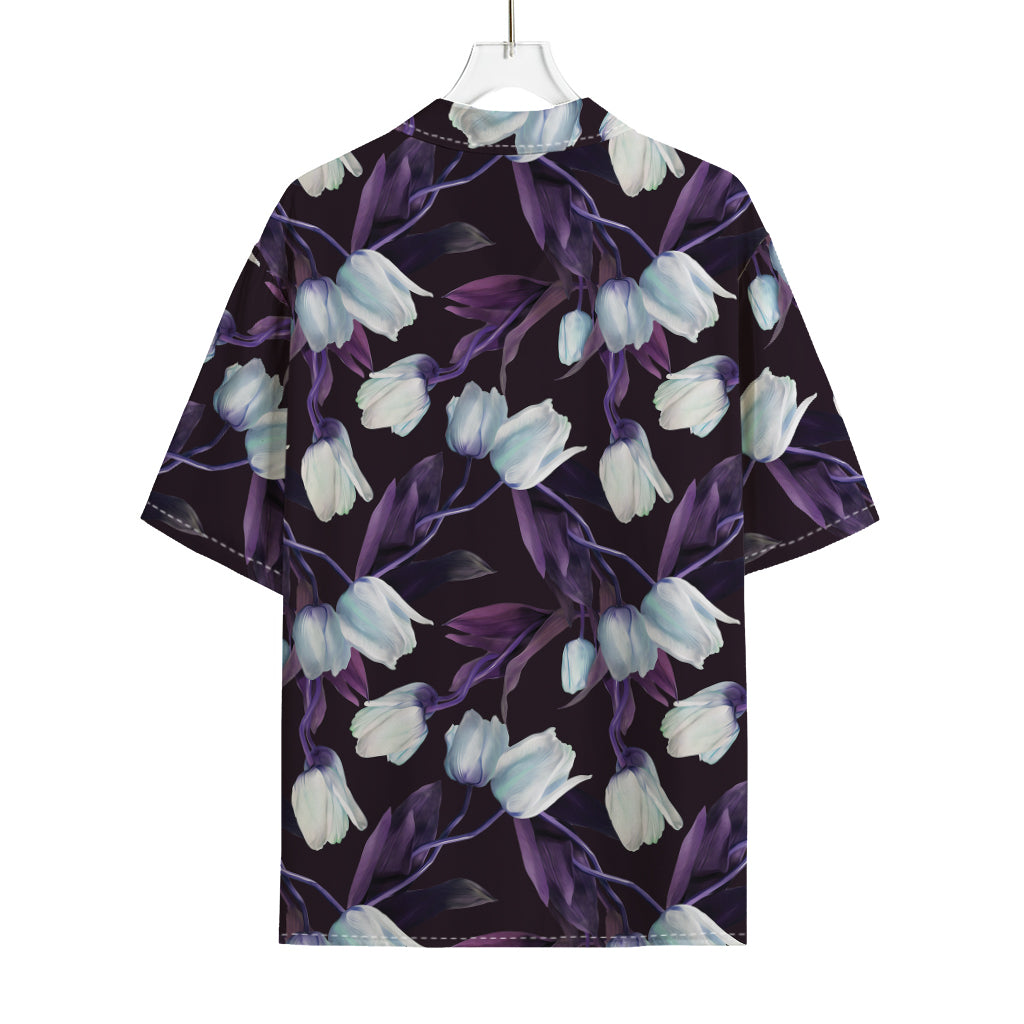 White And Purple Tulip Pattern Print Rayon Hawaiian Shirt