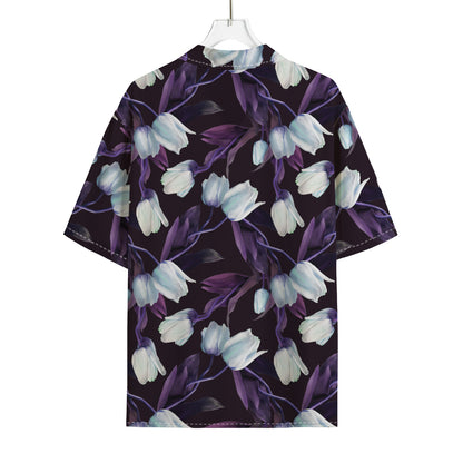 White And Purple Tulip Pattern Print Rayon Hawaiian Shirt