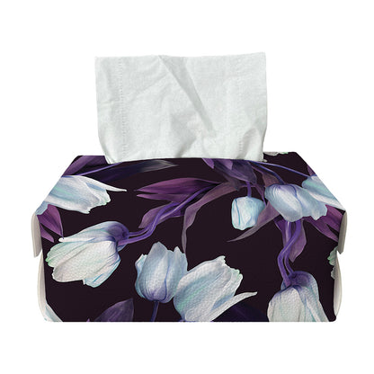 White And Purple Tulip Pattern Print Rectangle Tissue Box Cover