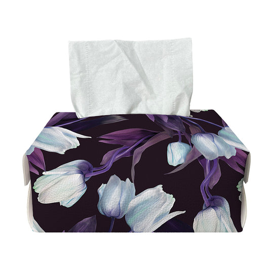 White And Purple Tulip Pattern Print Rectangle Tissue Box Cover