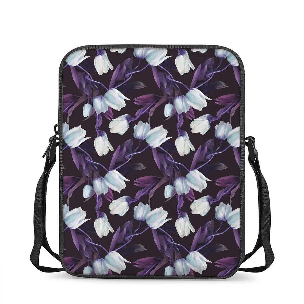 White And Purple Tulip Pattern Print Rectangular Crossbody Bag