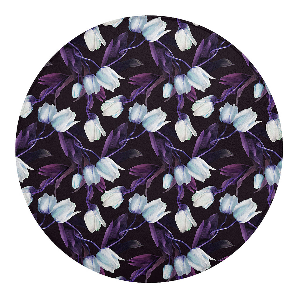 White And Purple Tulip Pattern Print Round Blanket