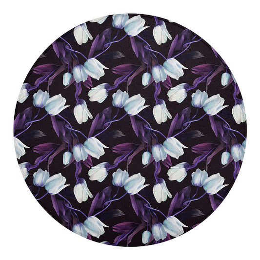 White And Purple Tulip Pattern Print Round Blanket