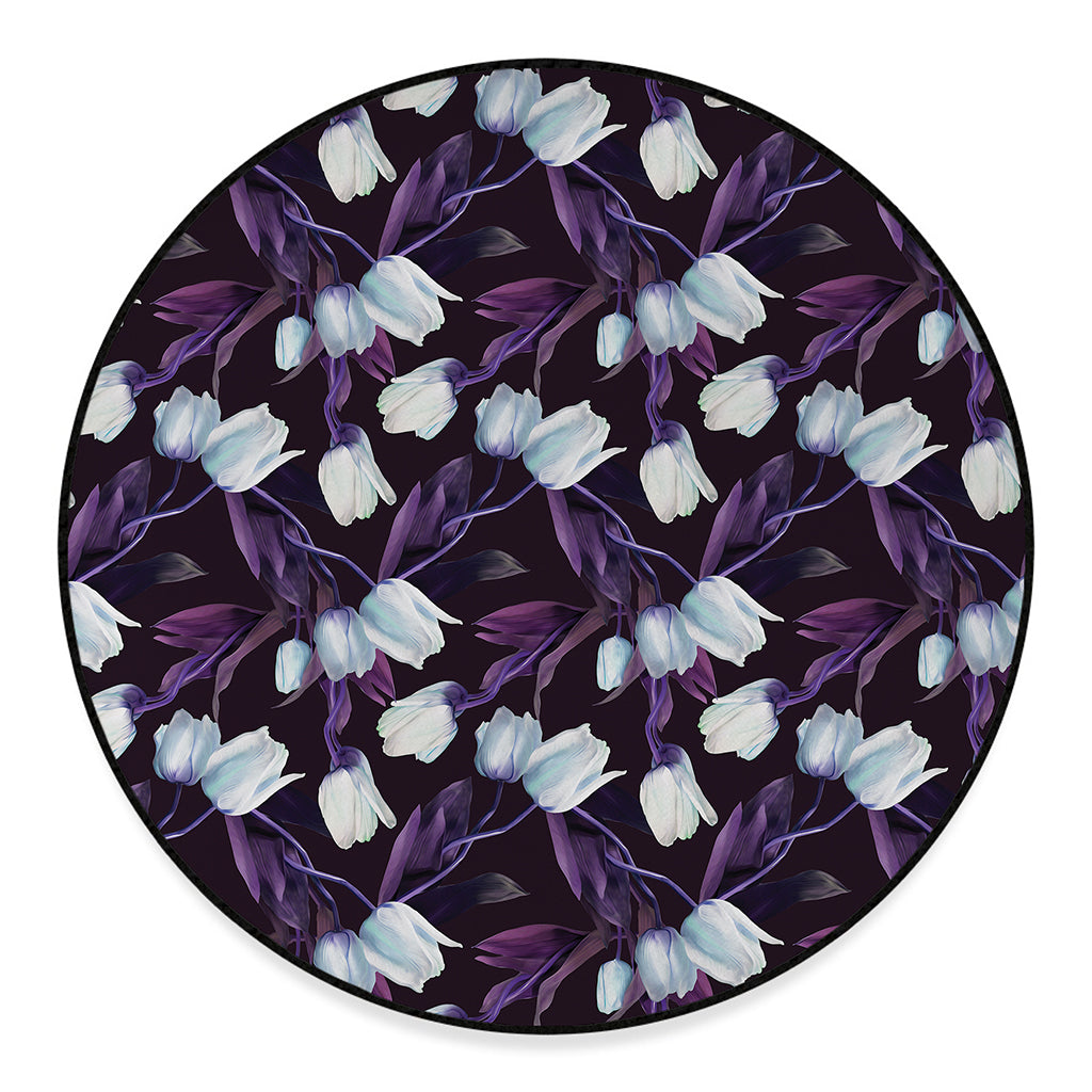 White And Purple Tulip Pattern Print Round Floor Mat