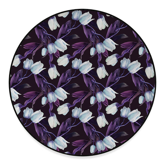 White And Purple Tulip Pattern Print Round Floor Mat