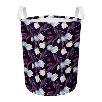 White And Purple Tulip Pattern Print Round Laundry Basket