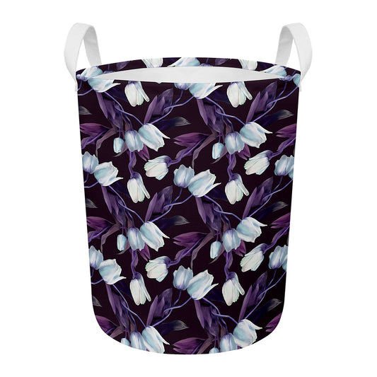 White And Purple Tulip Pattern Print Round Laundry Basket