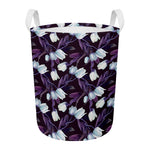 White And Purple Tulip Pattern Print Round Laundry Basket