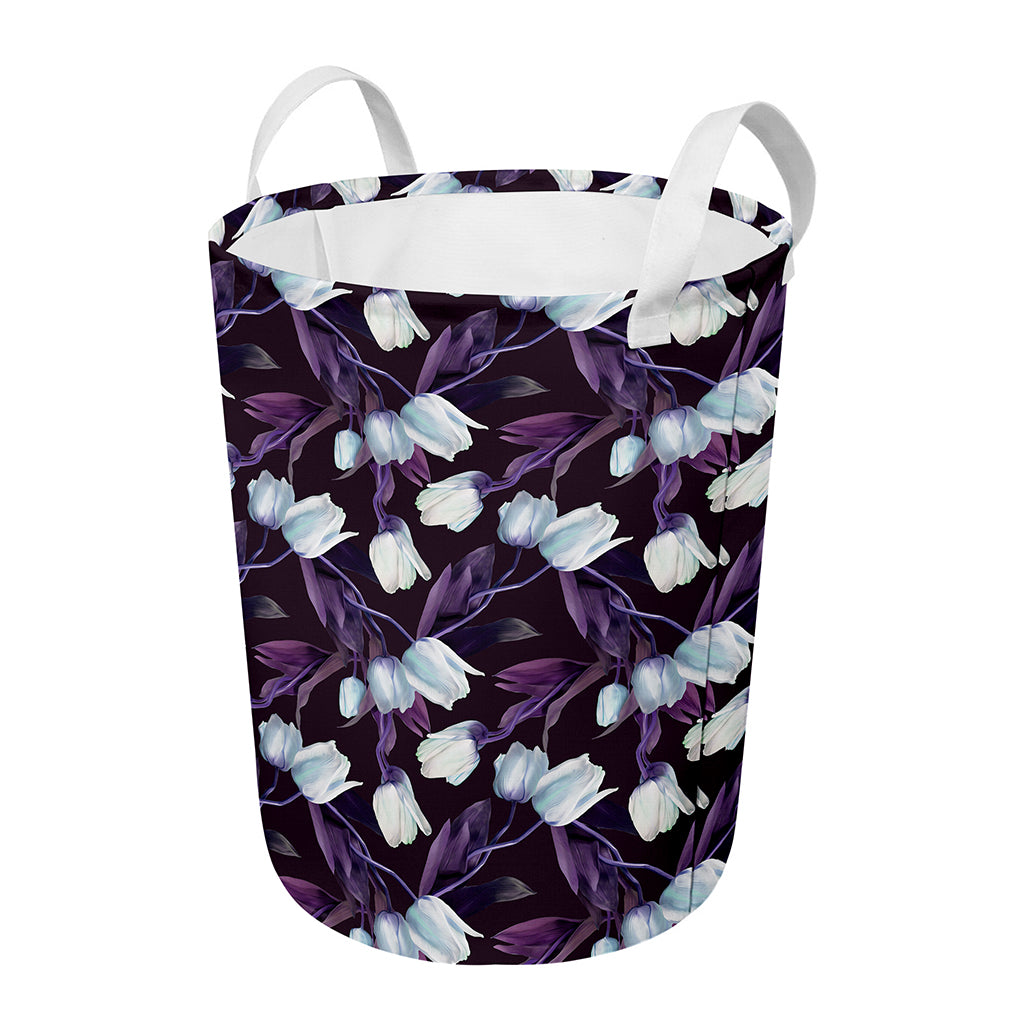 White And Purple Tulip Pattern Print Round Laundry Basket