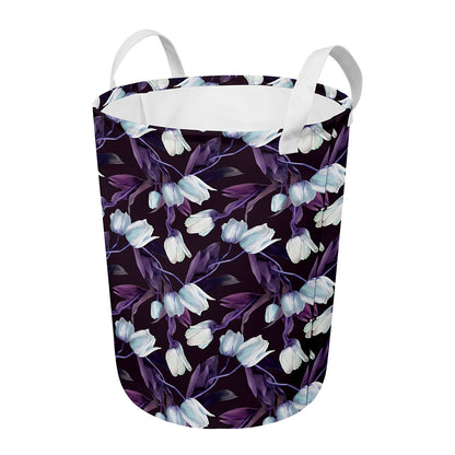 White And Purple Tulip Pattern Print Round Laundry Basket