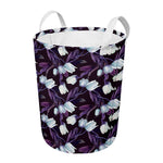 White And Purple Tulip Pattern Print Round Laundry Basket