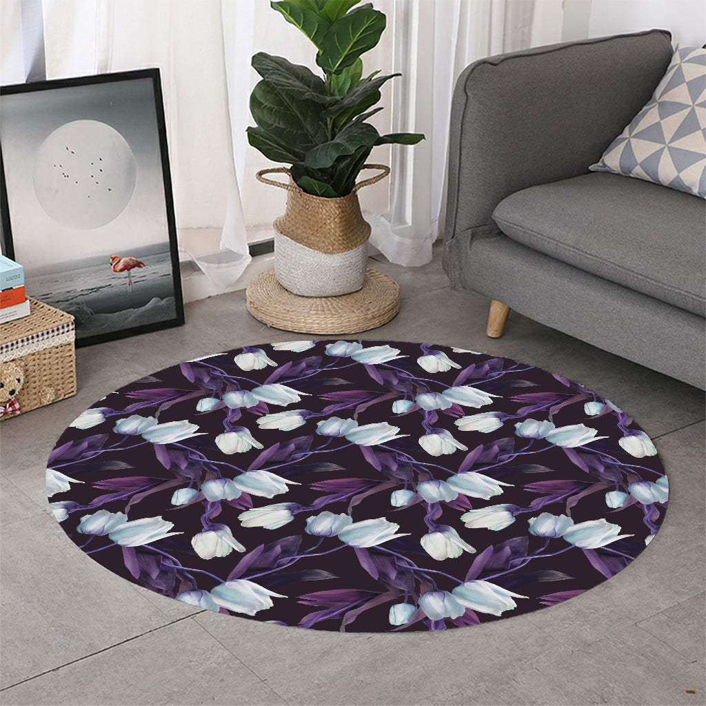 White And Purple Tulip Pattern Print Round Rug