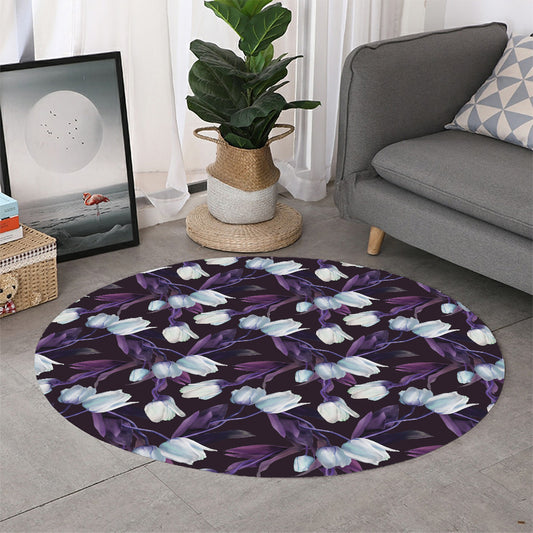 White And Purple Tulip Pattern Print Round Rug