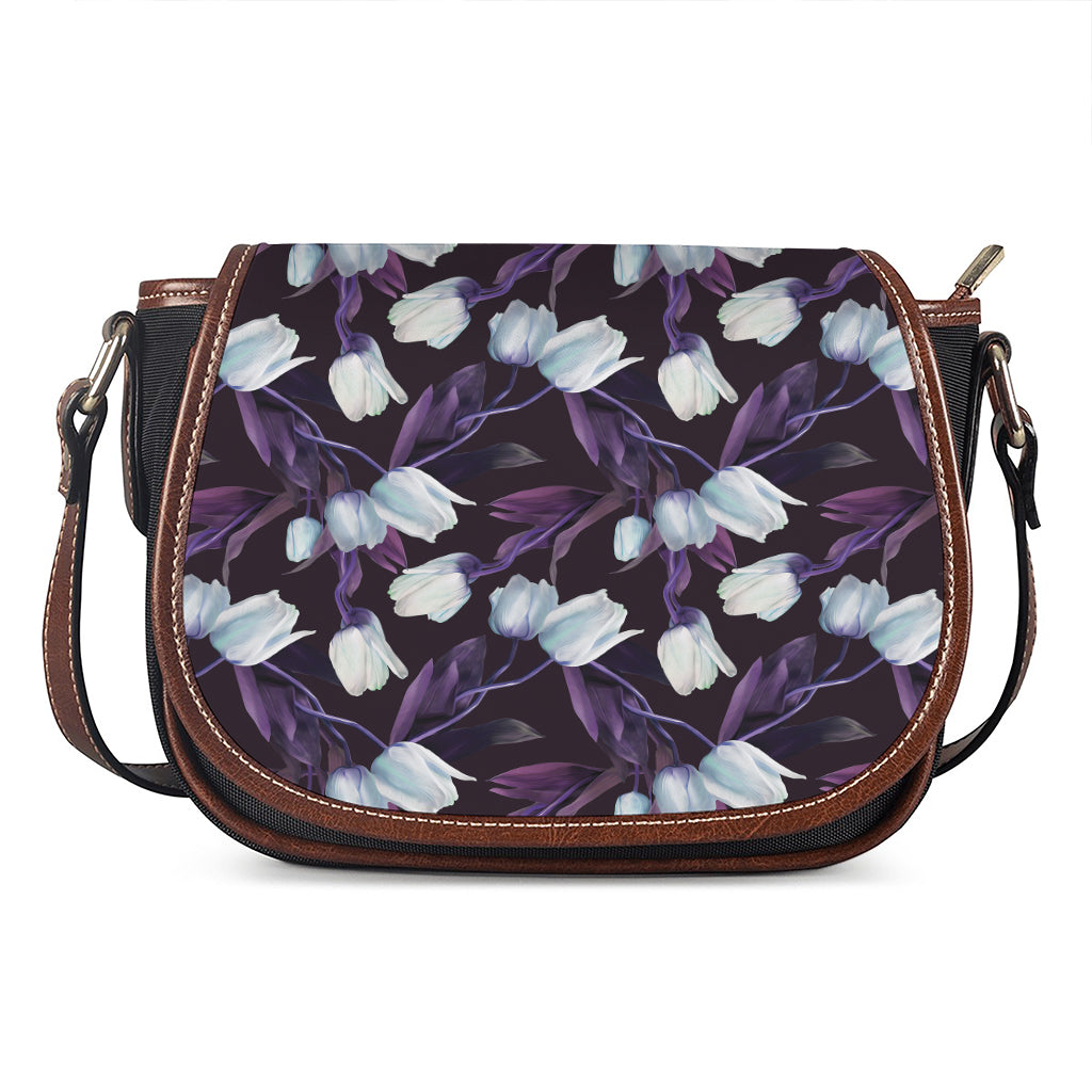 White And Purple Tulip Pattern Print Saddle Bag