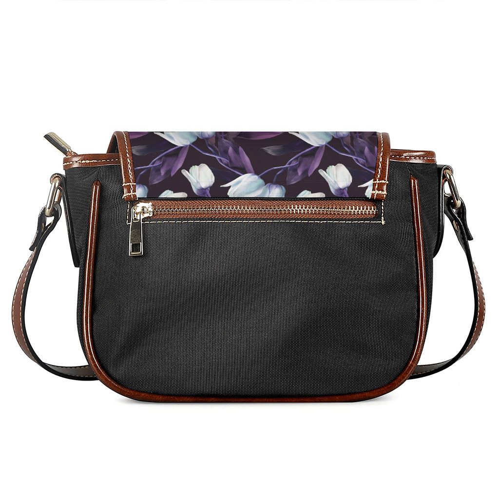 White And Purple Tulip Pattern Print Saddle Bag