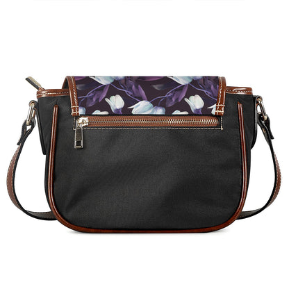 White And Purple Tulip Pattern Print Saddle Bag