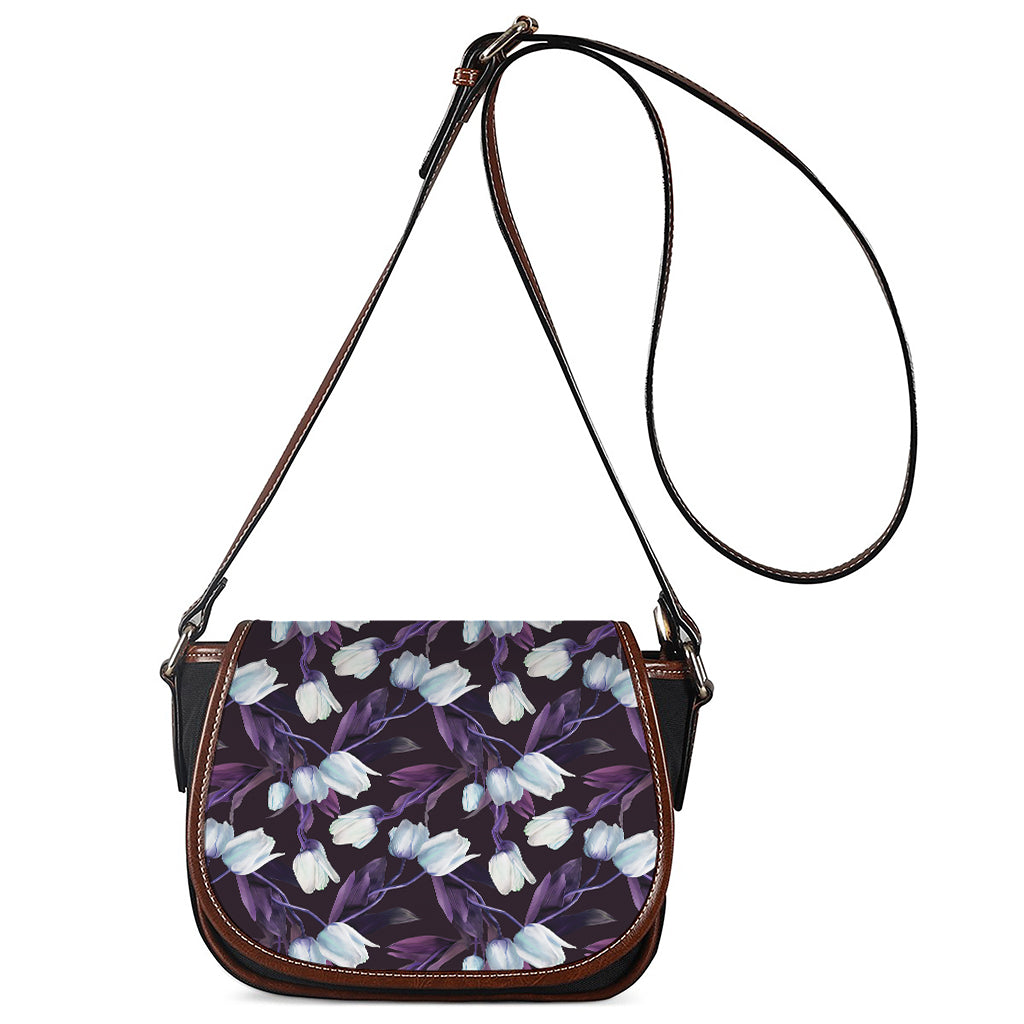 White And Purple Tulip Pattern Print Saddle Bag
