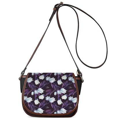 White And Purple Tulip Pattern Print Saddle Bag