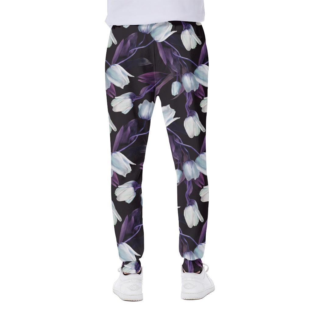 White And Purple Tulip Pattern Print Scuba Joggers