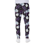 White And Purple Tulip Pattern Print Scuba Joggers