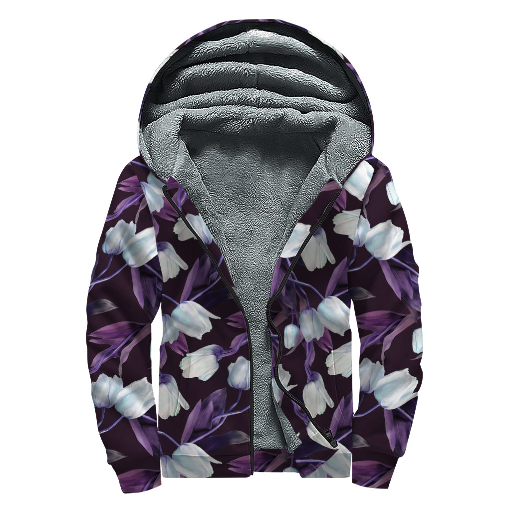 White And Purple Tulip Pattern Print Sherpa Lined Zip Up Hoodie