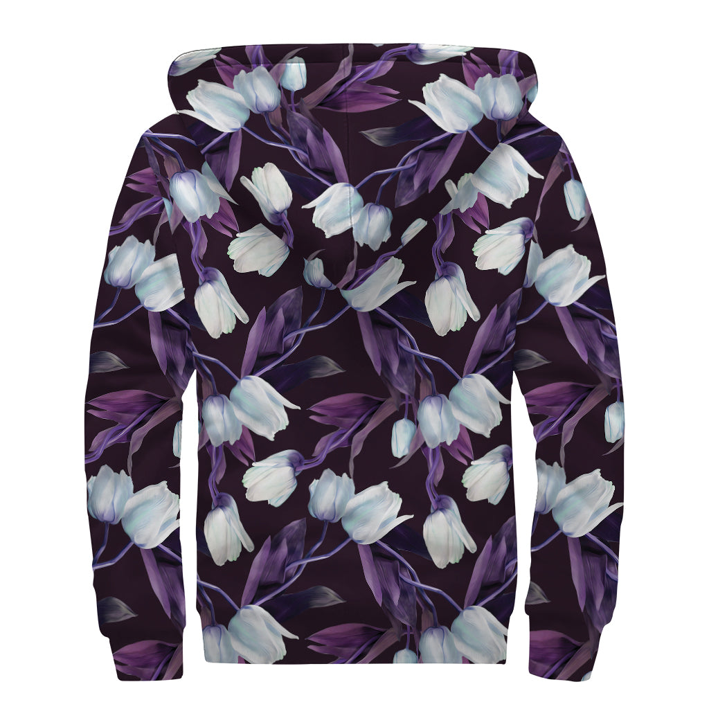 White And Purple Tulip Pattern Print Sherpa Lined Zip Up Hoodie