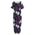 White And Purple Tulip Pattern Print Short Sleeve Long Nightdress