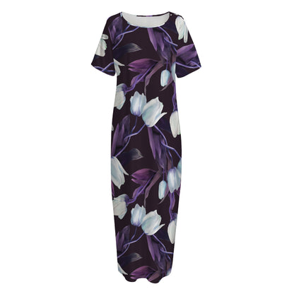 White And Purple Tulip Pattern Print Short Sleeve Long Nightdress