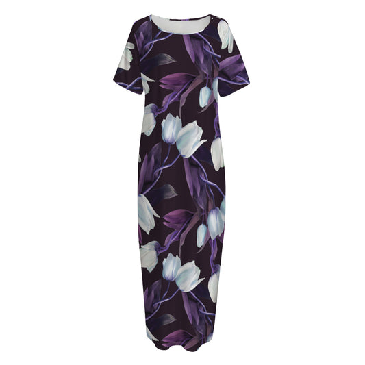 White And Purple Tulip Pattern Print Short Sleeve Long Nightdress