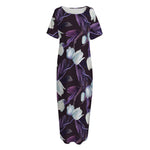 White And Purple Tulip Pattern Print Short Sleeve Long Nightdress