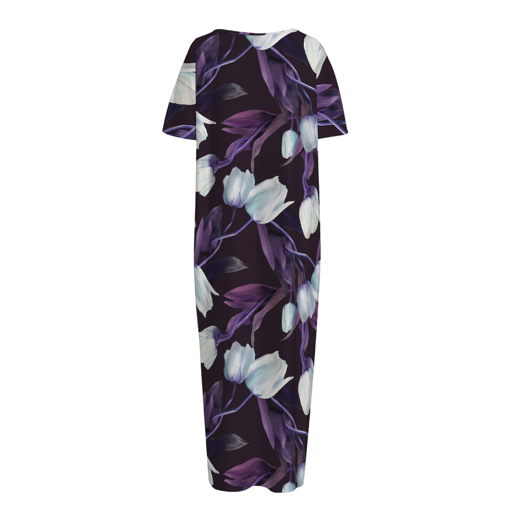 White And Purple Tulip Pattern Print Short Sleeve Long Nightdress