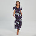 White And Purple Tulip Pattern Print Short Sleeve Maxi Dress