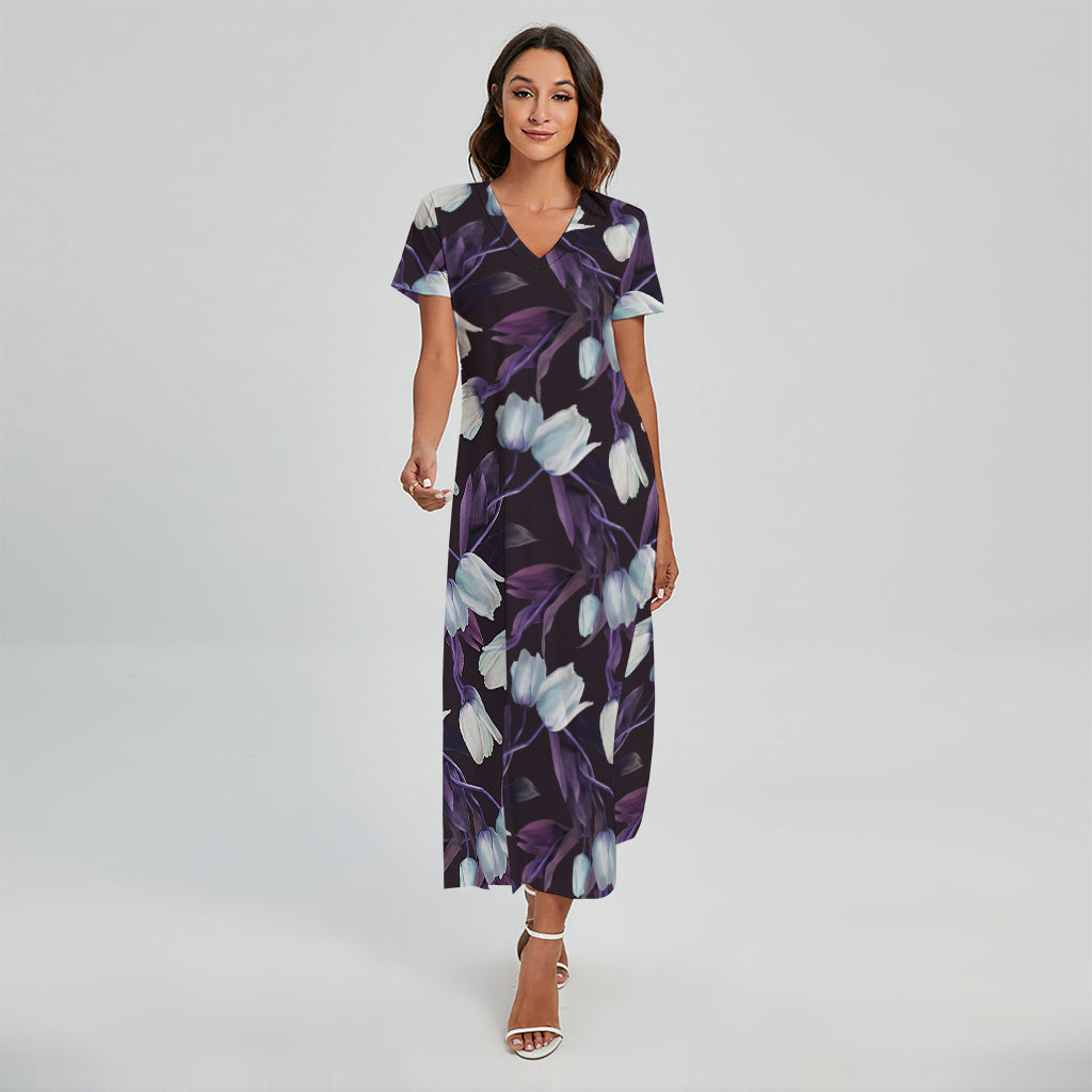White And Purple Tulip Pattern Print Short Sleeve Maxi Dress