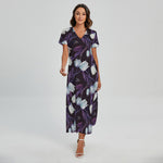 White And Purple Tulip Pattern Print Short Sleeve Maxi Dress