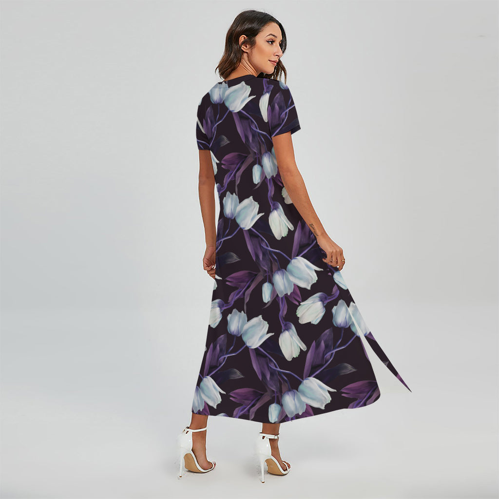 White And Purple Tulip Pattern Print Short Sleeve Maxi Dress