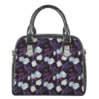 White And Purple Tulip Pattern Print Shoulder Handbag