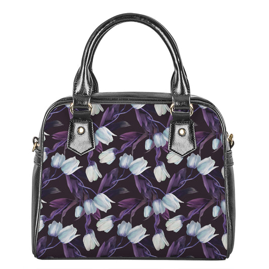 White And Purple Tulip Pattern Print Shoulder Handbag