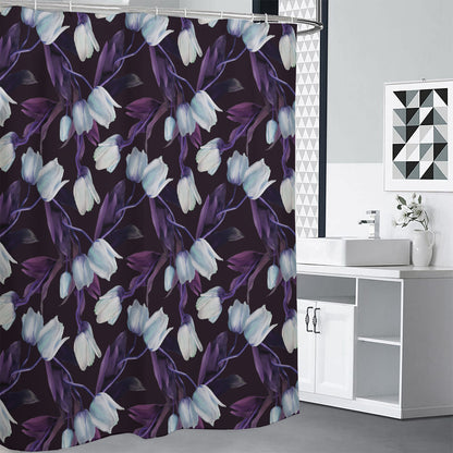 White And Purple Tulip Pattern Print Shower Curtain