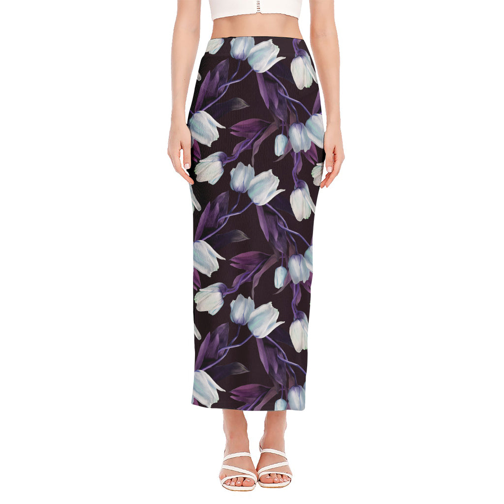 White And Purple Tulip Pattern Print Side Slit Maxi Skirt
