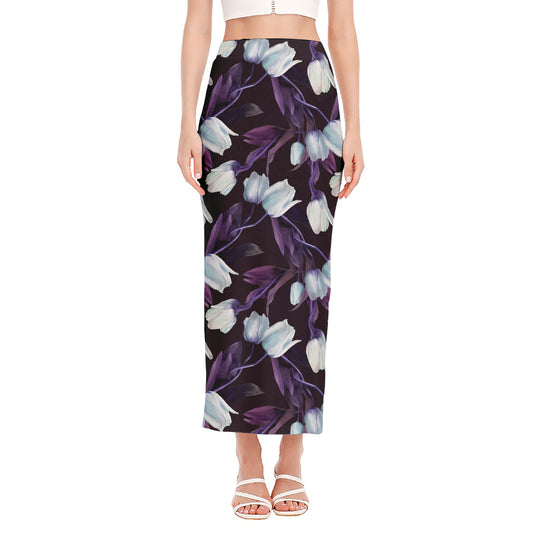 White And Purple Tulip Pattern Print Side Slit Maxi Skirt