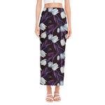 White And Purple Tulip Pattern Print Side Slit Maxi Skirt
