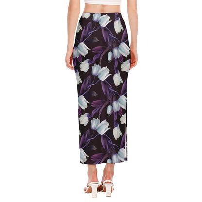 White And Purple Tulip Pattern Print Side Slit Maxi Skirt