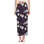 White And Purple Tulip Pattern Print Side Slit Maxi Skirt
