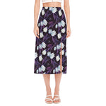 White And Purple Tulip Pattern Print Side Slit Midi Skirt
